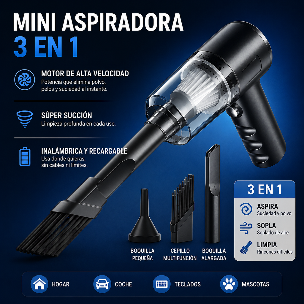 Mini Aspiradora Portátil 3 en 1 para Coche