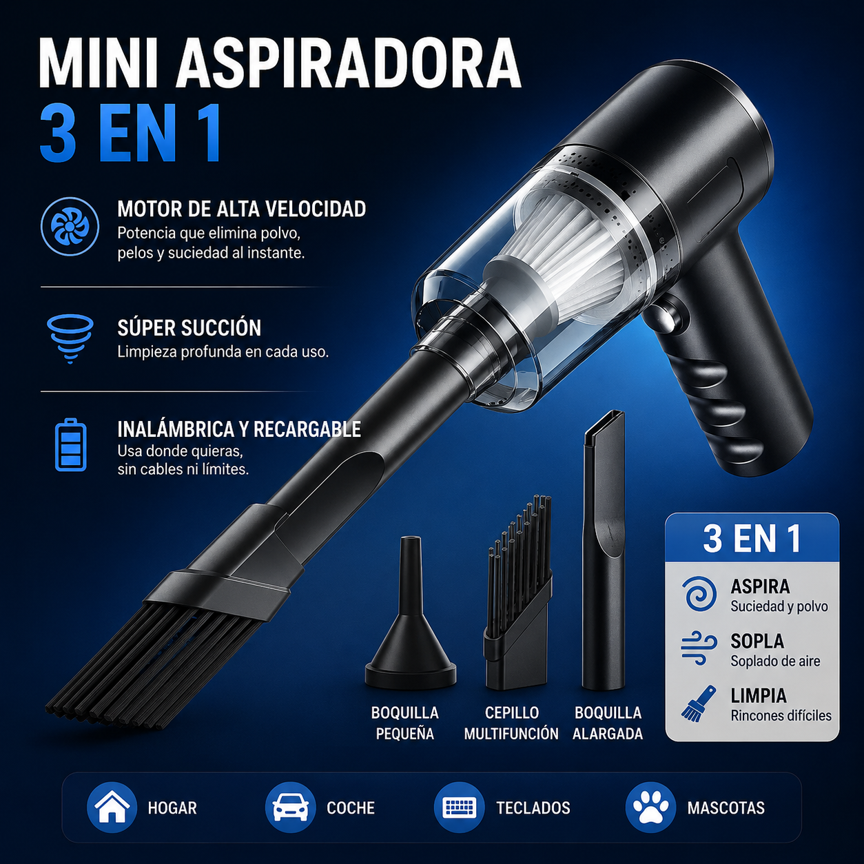 Mini Aspiradora Portátil 3 en 1 para Coche